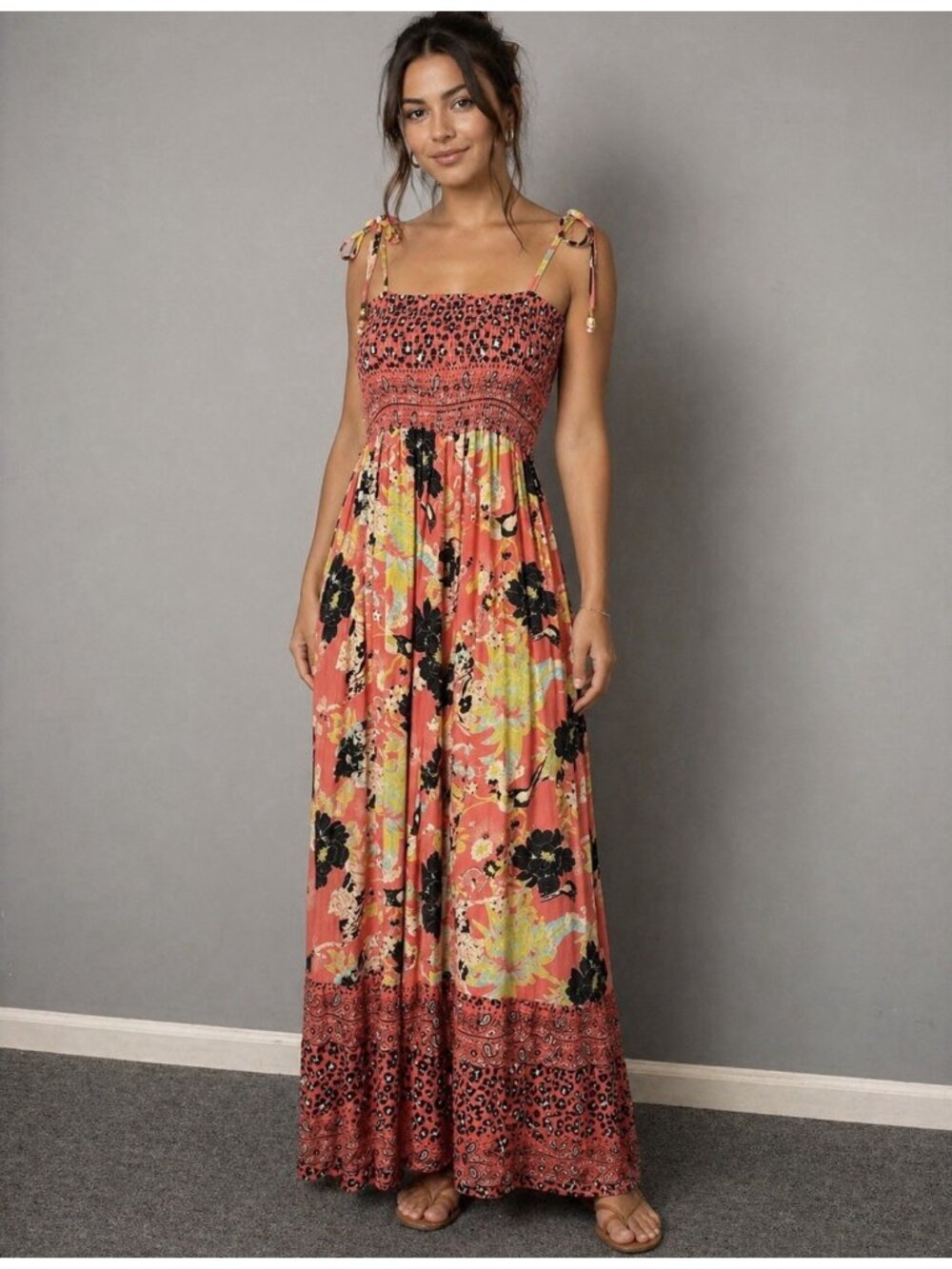 MAAJI Womens L Pelican State Bewitched Smocked Maxi Dress Tiger/Bird Print